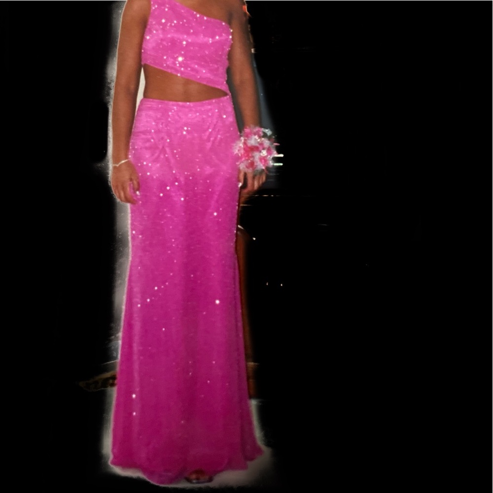 Size 10 Pink Alyce Designs Two Piece One Shoulder Prom Gown